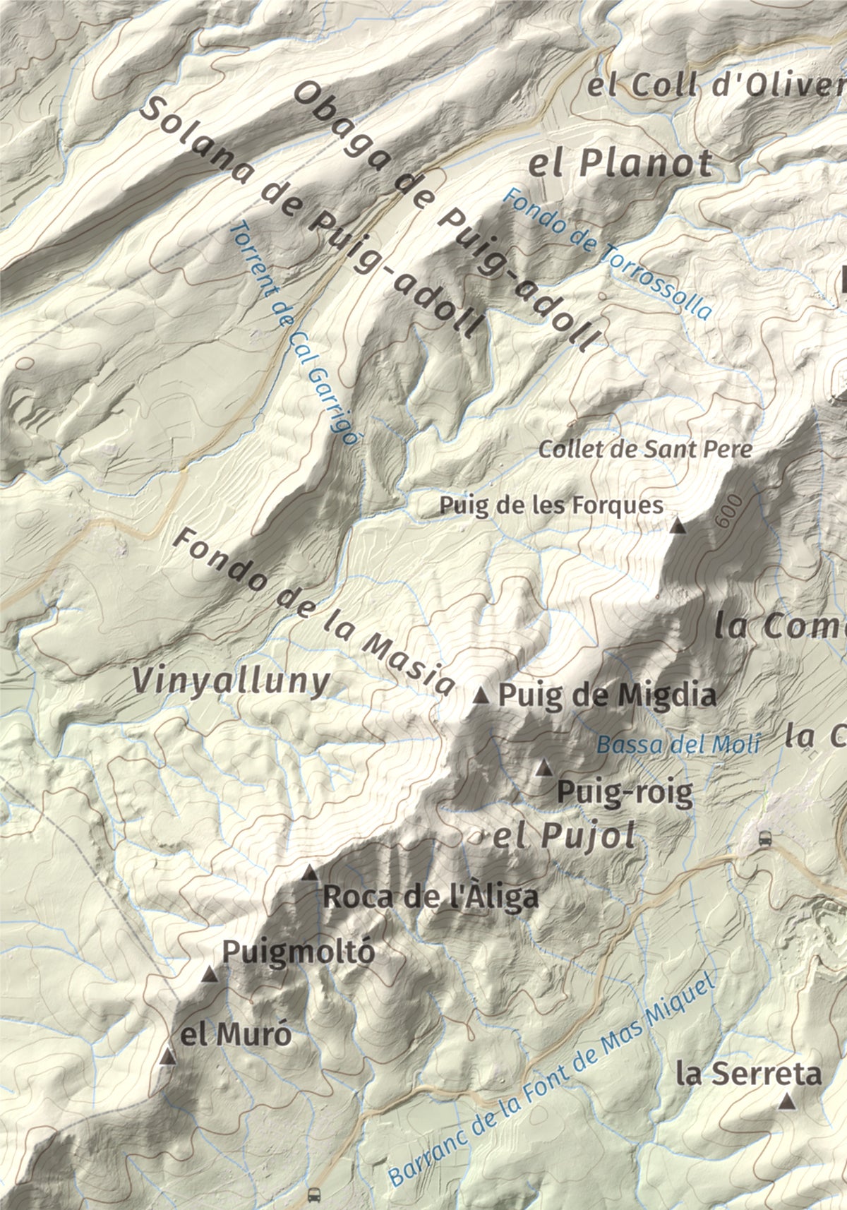 Mapa de relieve de Puig Francàs, 551 m, Baix Penedès, lámina 100 Cims de Trobart. Detalle de la zona superior izquierda. 21 × 30 cm.