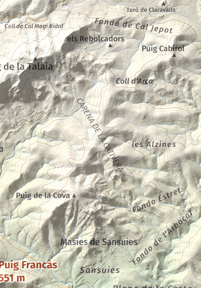 Mapa de relieve de Puig Francàs, 551 m, Baix Penedès, lámina 100 Cims de Trobart. Detalle de la zona superior derecha. 21 × 30 cm.