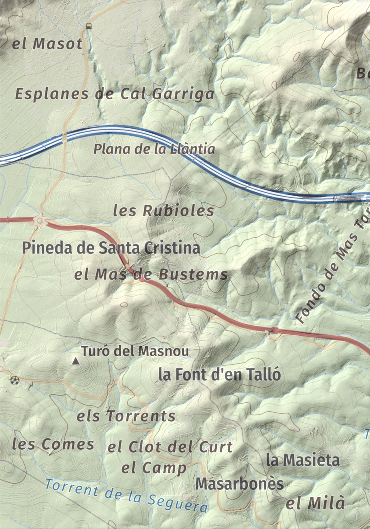 Mapa de relieve de Puig Francàs, 551 m, Baix Penedès, lámina 100 Cims de Trobart. Detalle de la zona inferior izquierda. 21 × 30 cm.