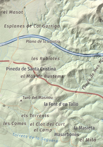 Mapa de relieve de Puig Francàs, 551 m, Baix Penedès, lámina 100 Cims de Trobart. Detalle de la zona inferior izquierda. 21 × 30 cm.