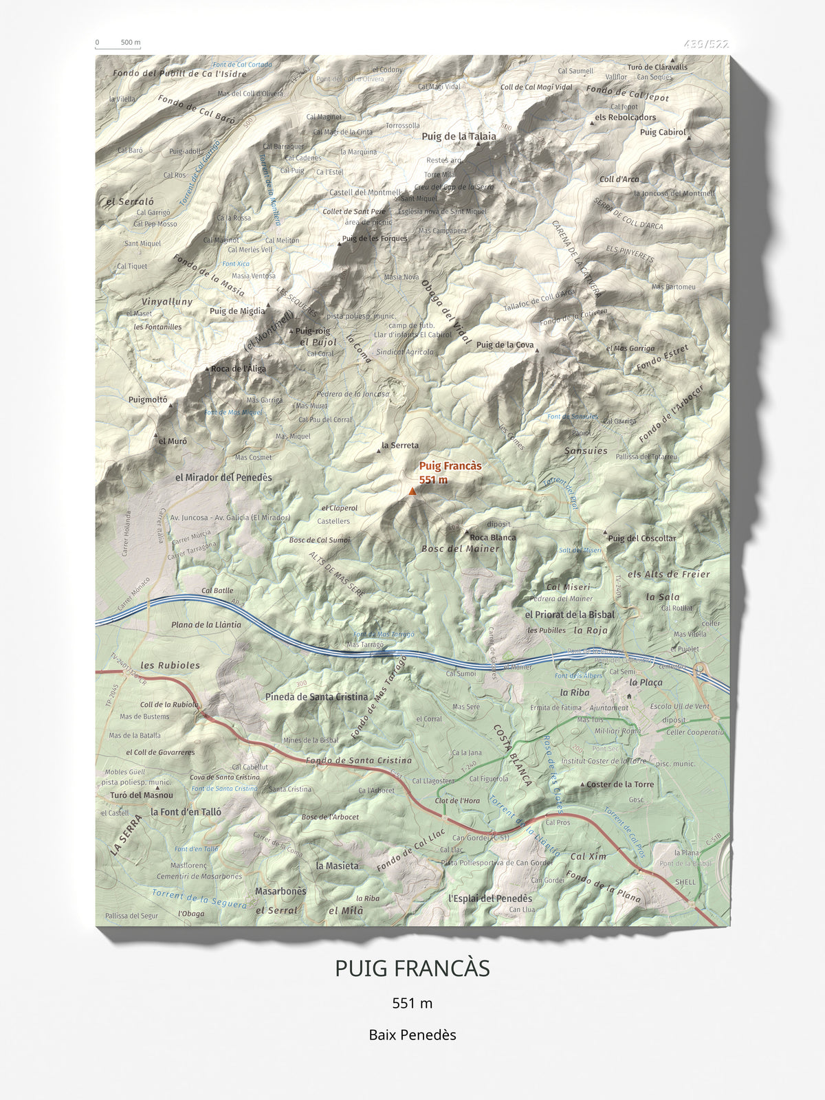 Mapa de relieve de Puig Francàs, 551 m, Baix Penedès, lámina 100 Cims de Trobart 30 × 40 cm.