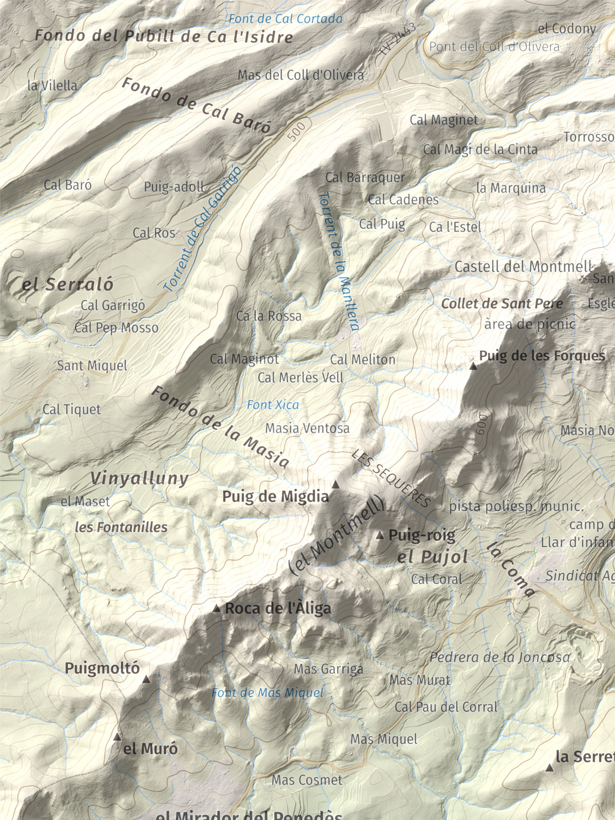 Mapa de relieve de Puig Francàs, 551 m, Baix Penedès, lámina 100 Cims de Trobart. Detalle de la zona superior izquierda. 30 × 40 cm.