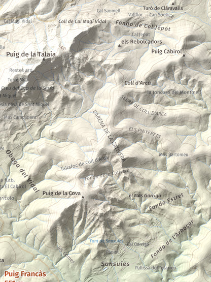 Mapa de relieve de Puig Francàs, 551 m, Baix Penedès, lámina 100 Cims de Trobart. Detalle de la zona superior derecha. 30 × 40 cm.