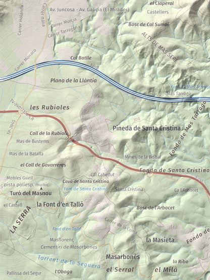 Mapa de relieve de Puig Francàs, 551 m, Baix Penedès, lámina 100 Cims de Trobart. Detalle de la zona inferior izquierda. 30 × 40 cm.