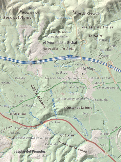 Mapa de relieve de Puig Francàs, 551 m, Baix Penedès, lámina 100 Cims de Trobart. Detalle de la zona inferior derecha. 30 × 40 cm.