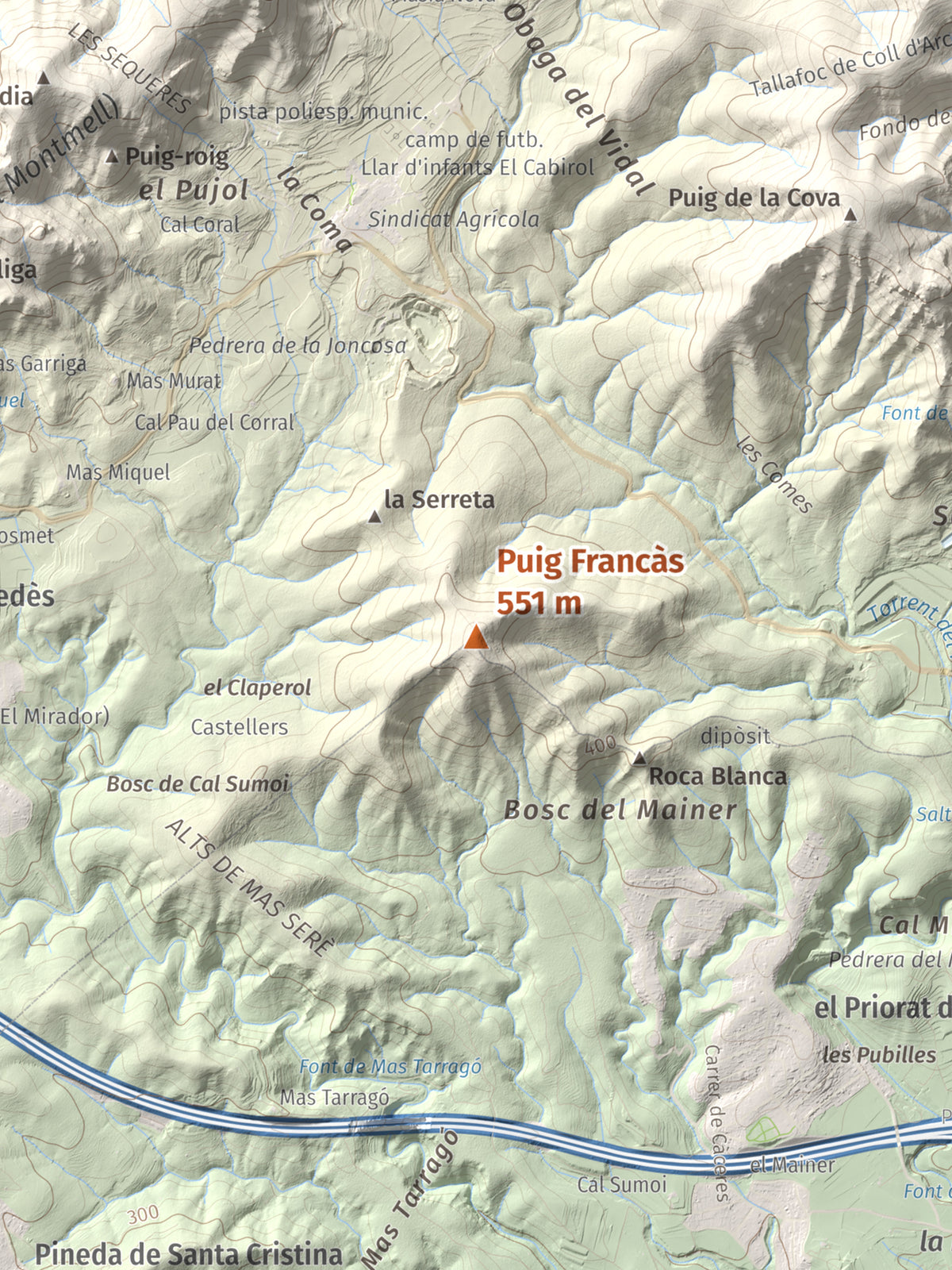 Mapa de relieve de Puig Francàs, 551 m, Baix Penedès, lámina 100 Cims de Trobart. Detalle de la zona central. 30 × 40 cm.
