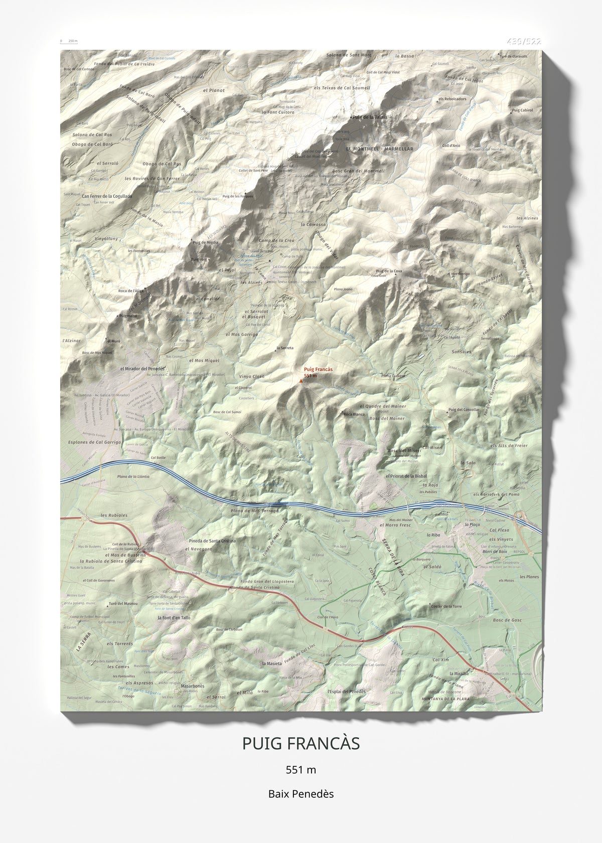 Mapa de relieve de Puig Francàs, 551 m, Baix Penedès, lámina 100 Cims de Trobart 50 × 70 cm.