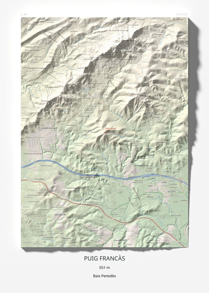 Mapa de relieve de Puig Francàs, 551 m, Baix Penedès, lámina 100 Cims de Trobart 50 × 70 cm.