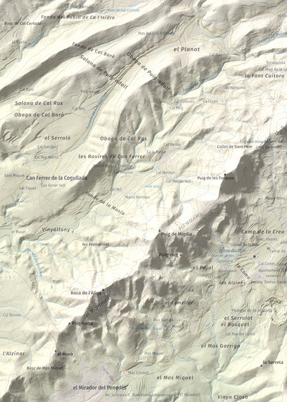 Mapa de relieve de Puig Francàs, 551 m, Baix Penedès, lámina 100 Cims de Trobart. Detalle de la zona superior izquierda. 50 × 70 cm.