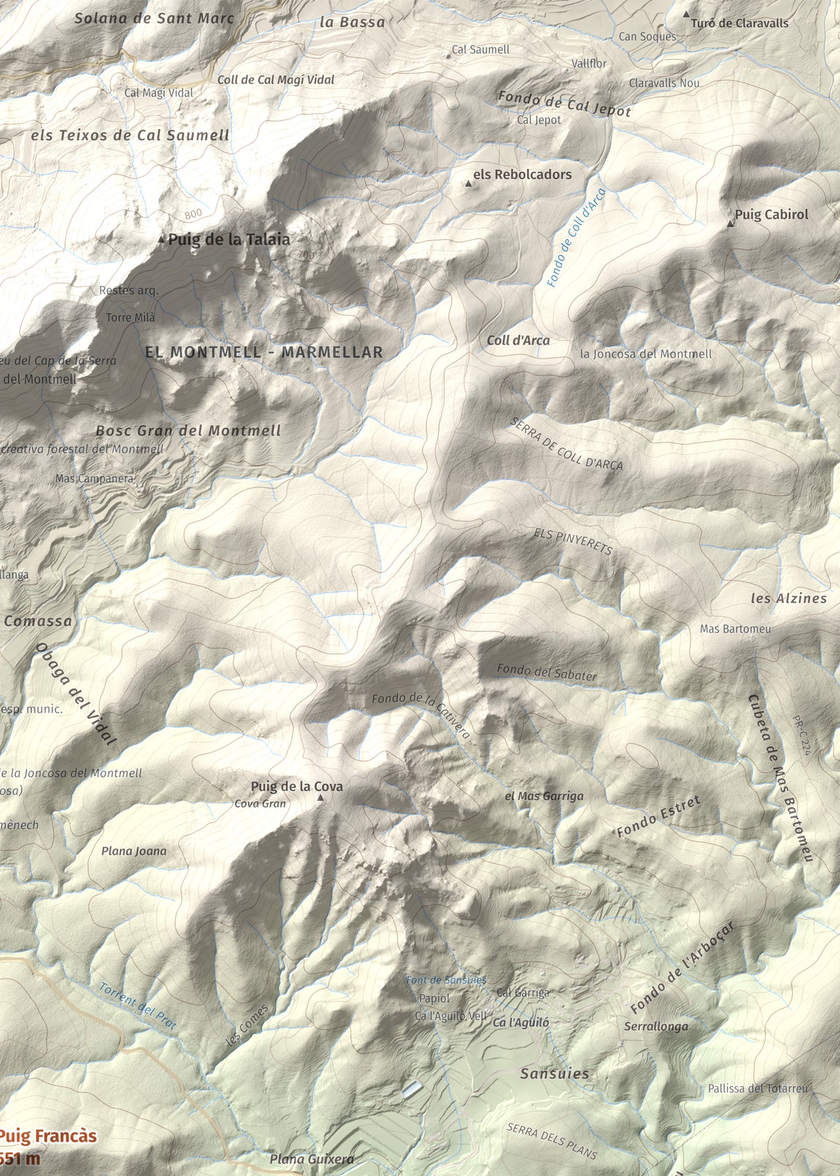 Mapa de relieve de Puig Francàs, 551 m, Baix Penedès, lámina 100 Cims de Trobart. Detalle de la zona superior derecha. 50 × 70 cm.