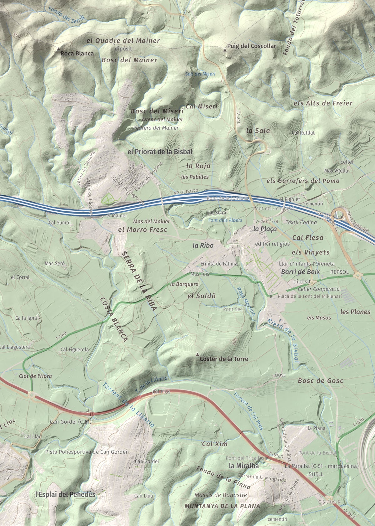 Mapa de relieve de Puig Francàs, 551 m, Baix Penedès, lámina 100 Cims de Trobart. Detalle de la zona inferior derecha. 50 × 70 cm.