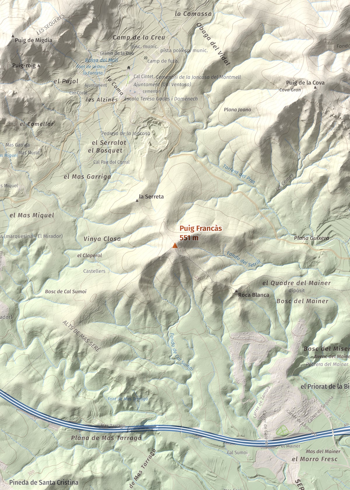 Mapa de relieve de Puig Francàs, 551 m, Baix Penedès, lámina 100 Cims de Trobart. Detalle de la zona central. 50 × 70 cm.