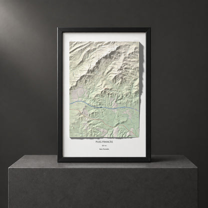 Mapa de relieve de Puig Francàs, 551 m, Baix Penedès, lámina 100 Cims de Trobart. Presentación enmarcada. 61 × 91 cm.