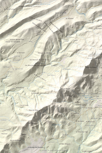 Mapa de relieve de Puig Francàs, 551 m, Baix Penedès, lámina 100 Cims de Trobart. Detalle de la zona superior izquierda. 61 × 91 cm.