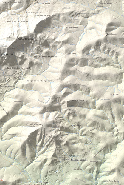 Mapa de relieve de Puig Francàs, 551 m, Baix Penedès, lámina 100 Cims de Trobart. Detalle de la zona superior derecha. 61 × 91 cm.