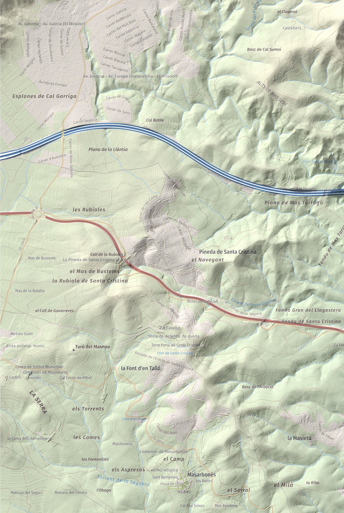 Mapa de relieve de Puig Francàs, 551 m, Baix Penedès, lámina 100 Cims de Trobart. Detalle de la zona inferior izquierda. 61 × 91 cm.