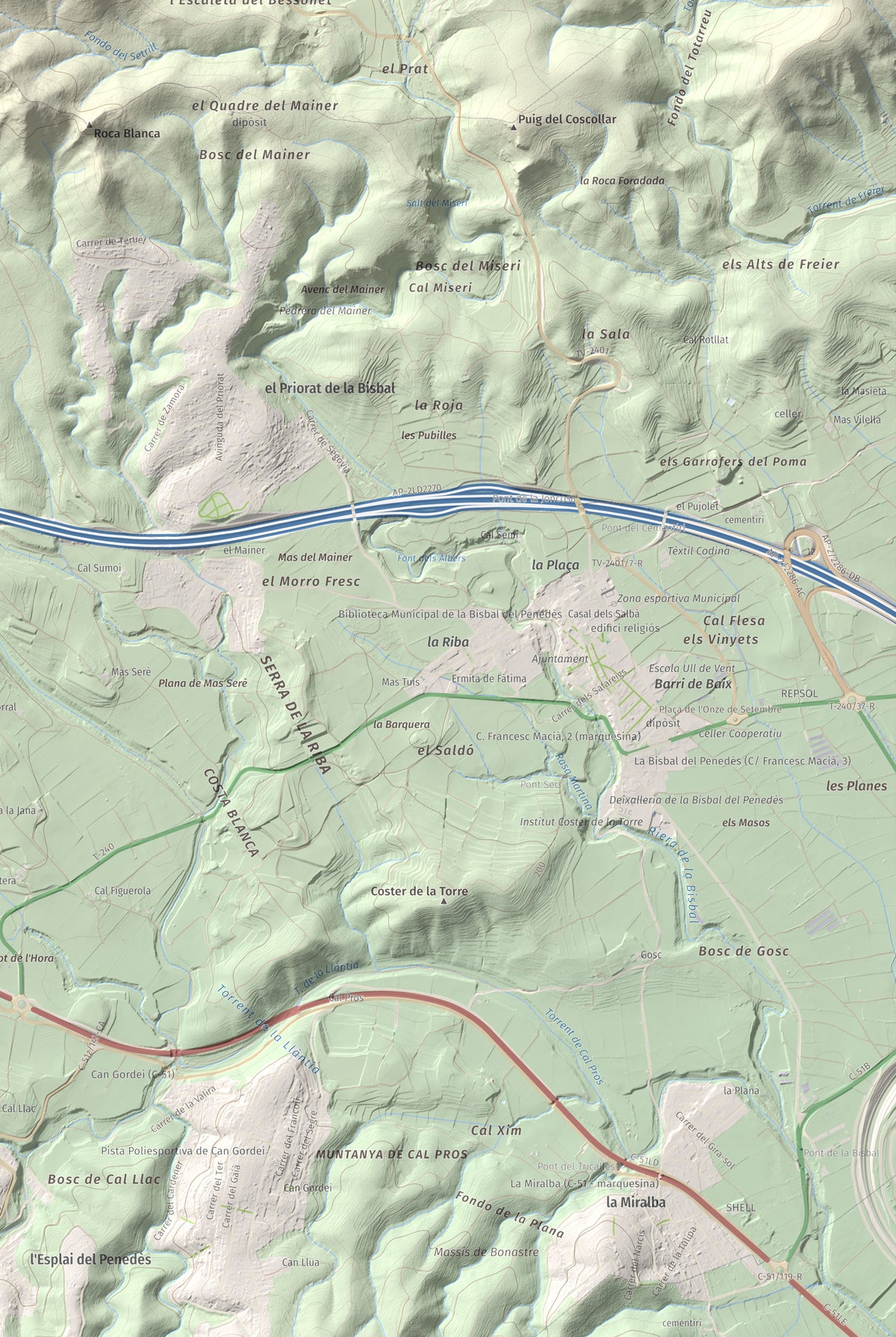 Mapa de relieve de Puig Francàs, 551 m, Baix Penedès, lámina 100 Cims de Trobart. Detalle de la zona inferior derecha. 61 × 91 cm.