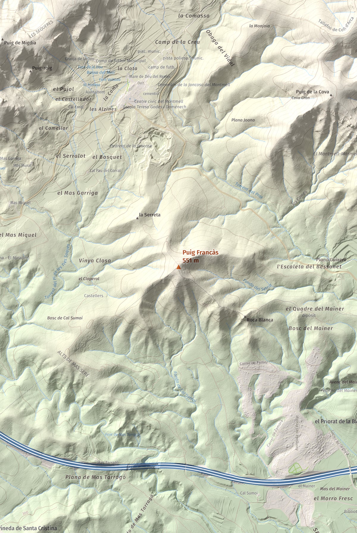 Mapa de relieve de Puig Francàs, 551 m, Baix Penedès, lámina 100 Cims de Trobart. Detalle de la zona central. 61 × 91 cm.