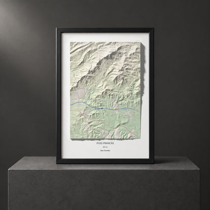 Mapa de relieve de Puig Francàs, 551 m, Baix Penedès, lámina 100 Cims de Trobart. Presentación enmarcada. 70 × 100 cm.