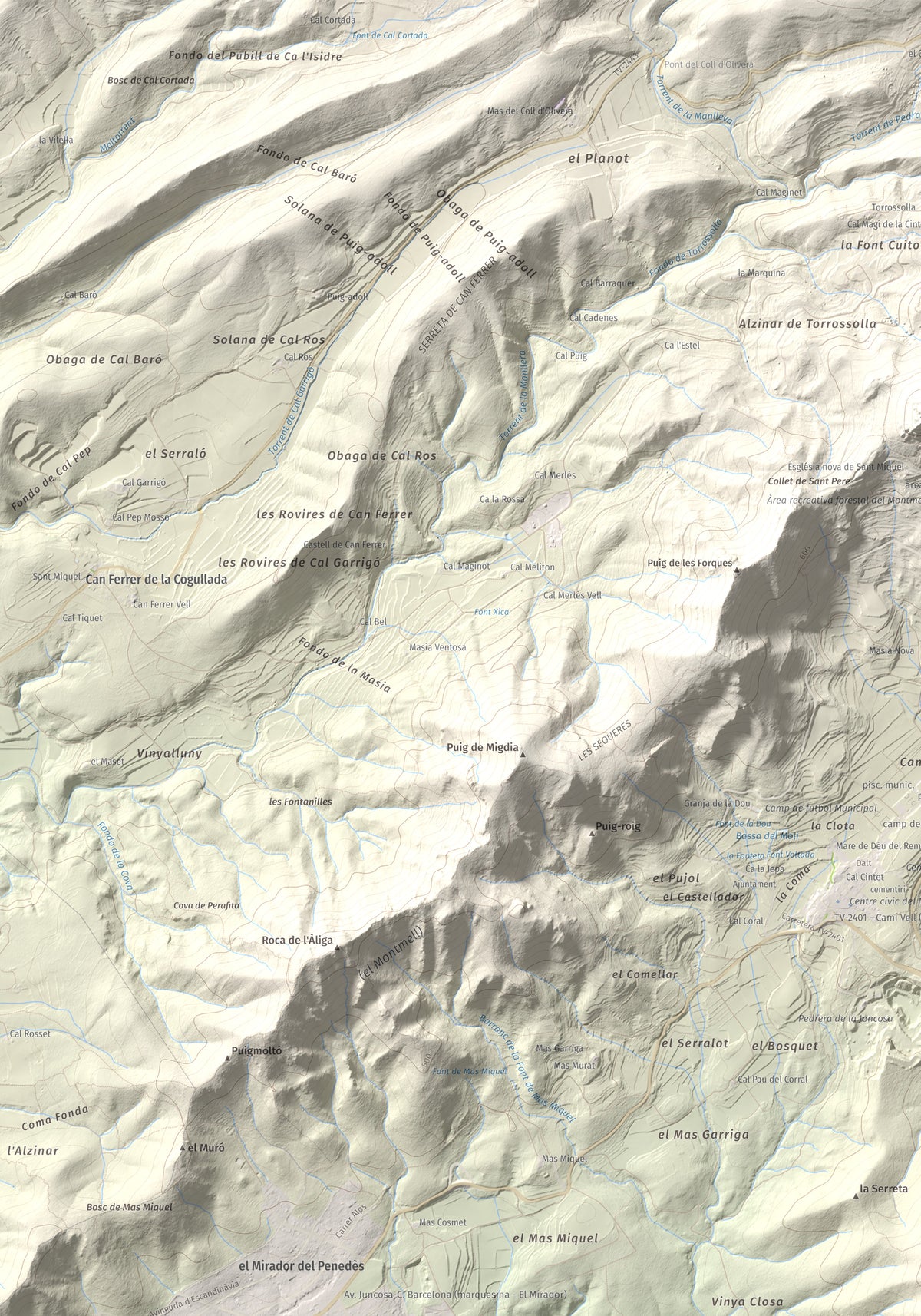 Mapa de relieve de Puig Francàs, 551 m, Baix Penedès, lámina 100 Cims de Trobart. Detalle de la zona superior izquierda. 70 × 100 cm.