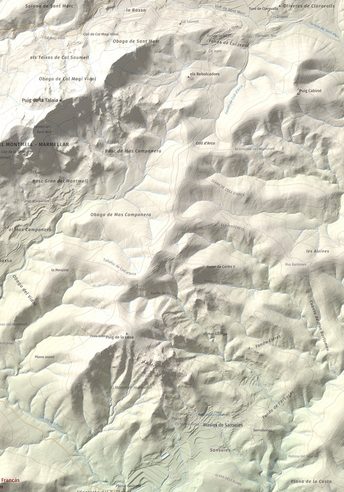 Mapa de relieve de Puig Francàs, 551 m, Baix Penedès, lámina 100 Cims de Trobart. Detalle de la zona superior derecha. 70 × 100 cm.