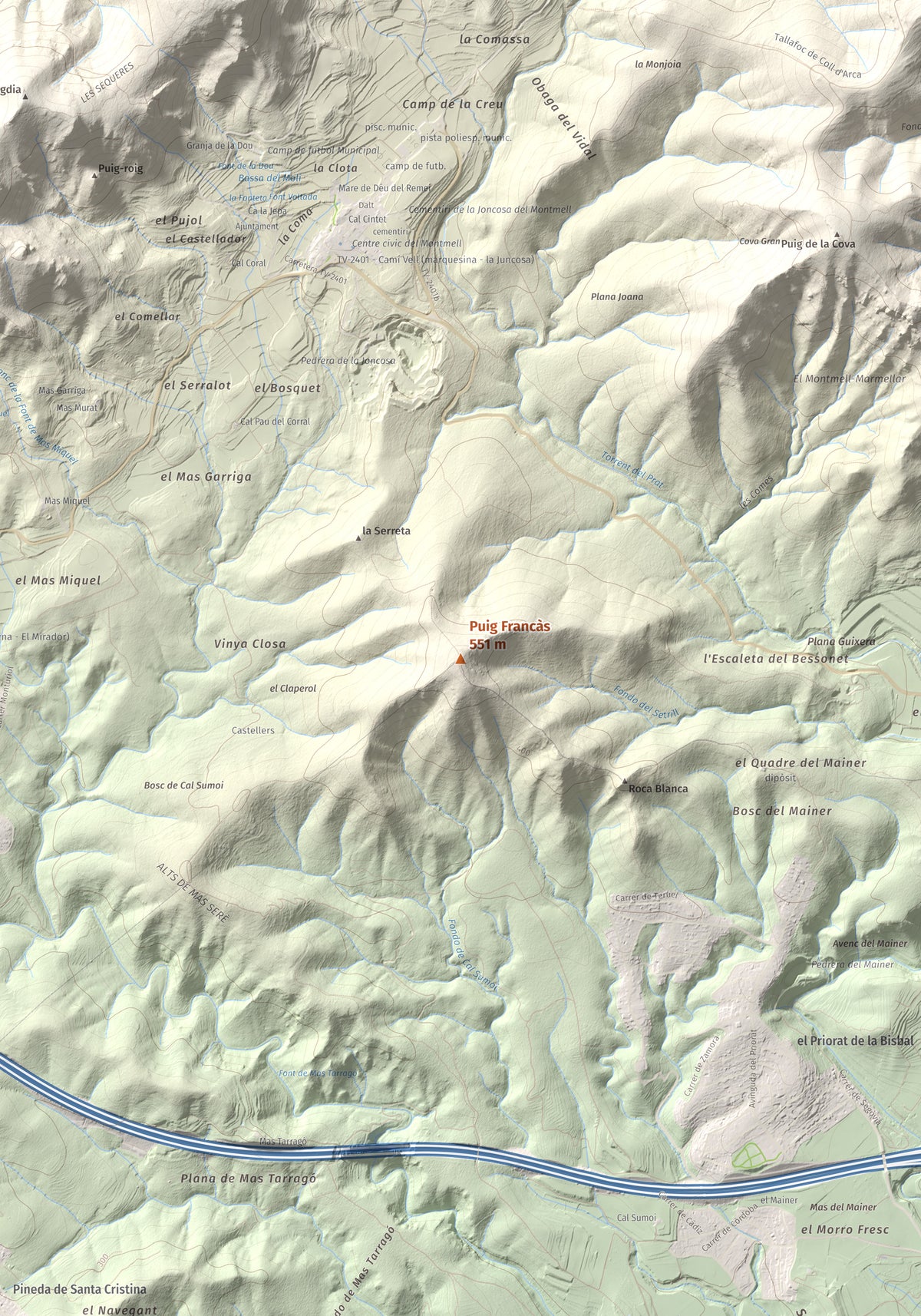 Mapa de relieve de Puig Francàs, 551 m, Baix Penedès, lámina 100 Cims de Trobart. Detalle de la zona central. 70 × 100 cm.