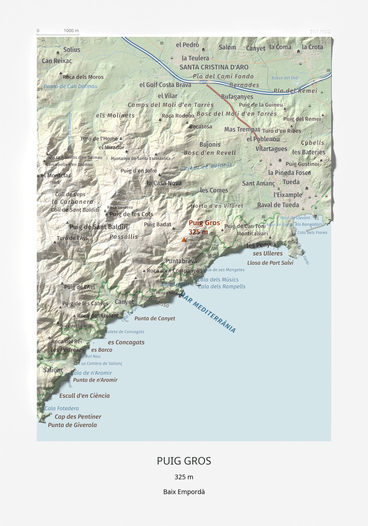Mapa de relieve de Puig Gros, 325 m, Baix Empordà, lámina 100 Cims de Trobart 21 × 30 cm.
