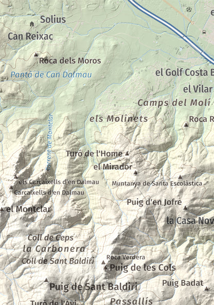 Mapa de relieve de Puig Gros, 325 m, Baix Empordà, lámina 100 Cims de Trobart. Detalle de la zona superior izquierda. 21 × 30 cm.