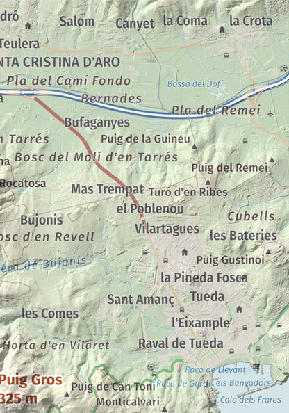 Mapa de relieve de Puig Gros, 325 m, Baix Empordà, lámina 100 Cims de Trobart. Detalle de la zona superior derecha. 21 × 30 cm.