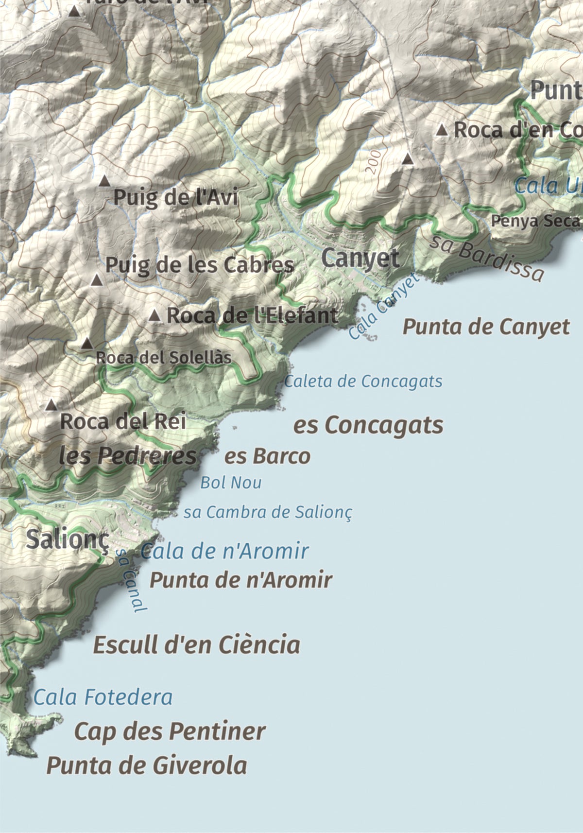 Mapa de relieve de Puig Gros, 325 m, Baix Empordà, lámina 100 Cims de Trobart. Detalle de la zona inferior izquierda. 21 × 30 cm.