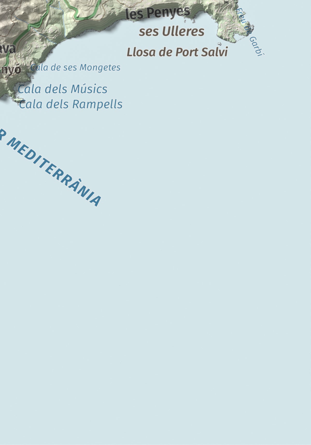 Mapa de relieve de Puig Gros, 325 m, Baix Empordà, lámina 100 Cims de Trobart. Detalle de la zona inferior derecha. 21 × 30 cm.