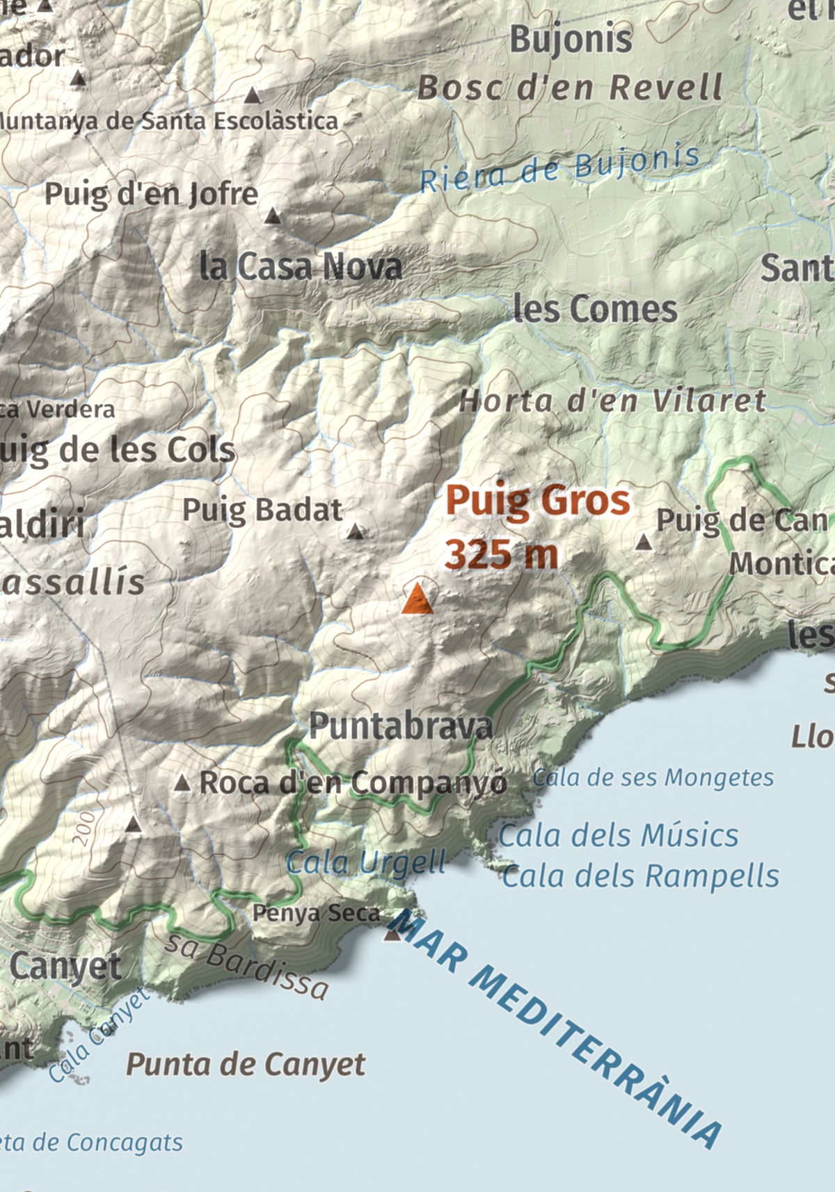 Mapa de relieve de Puig Gros, 325 m, Baix Empordà, lámina 100 Cims de Trobart. Detalle de la zona central. 21 × 30 cm.