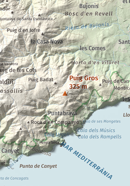 Mapa de relieve de Puig Gros, 325 m, Baix Empordà, lámina 100 Cims de Trobart. Detalle de la zona central. 21 × 30 cm.