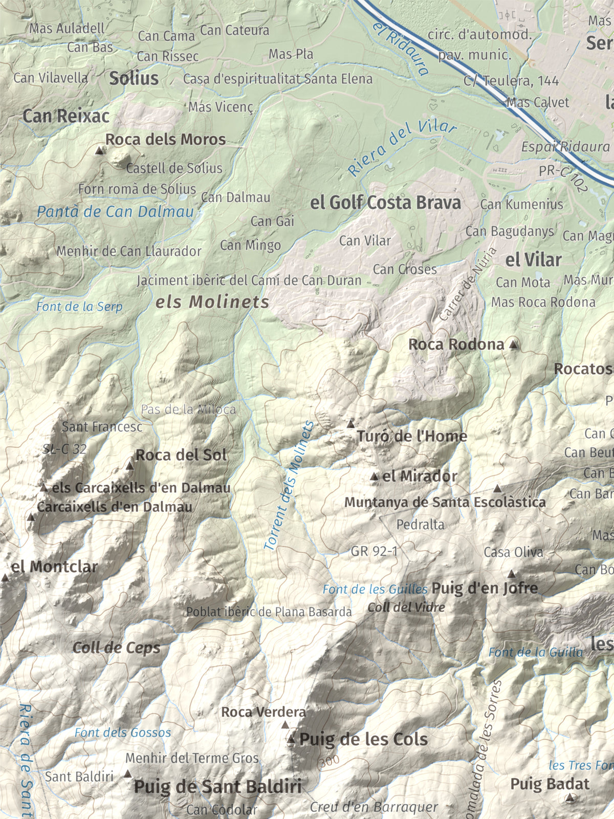 Mapa de relieve de Puig Gros, 325 m, Baix Empordà, lámina 100 Cims de Trobart. Detalle de la zona superior izquierda. 30 × 40 cm.