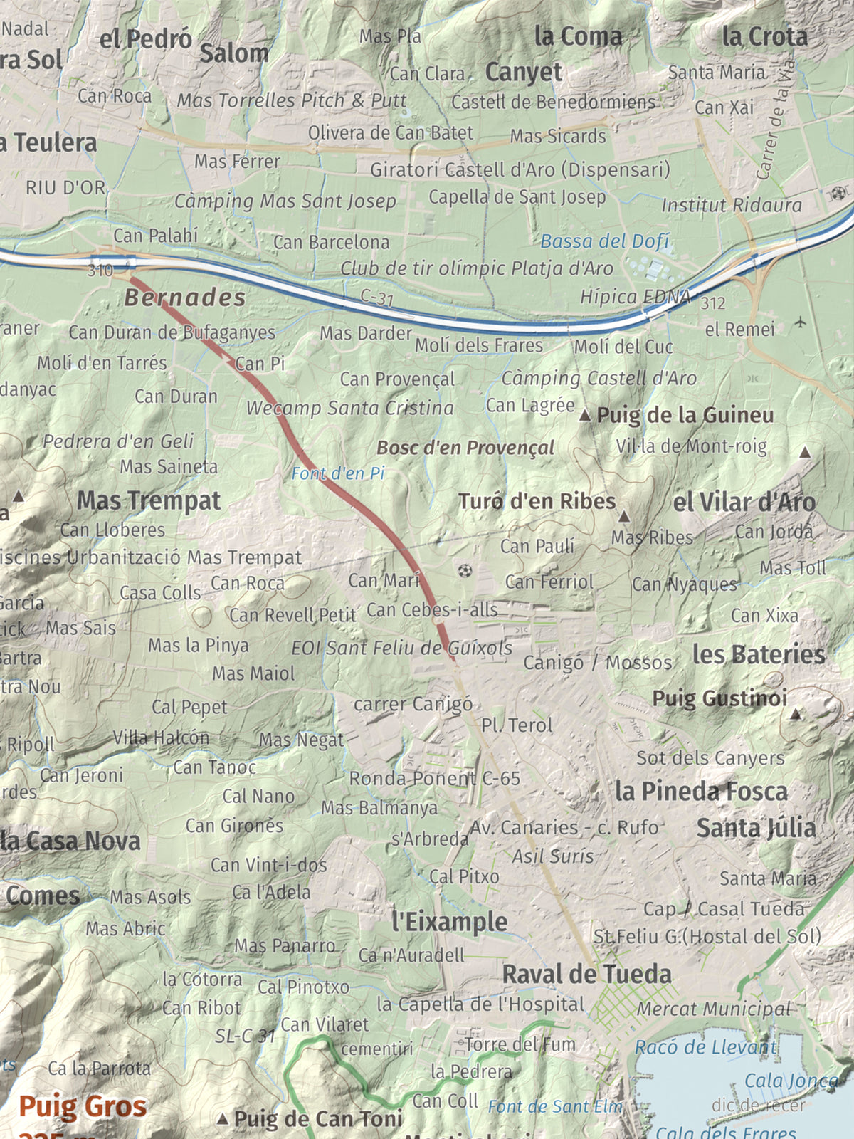 Mapa de relieve de Puig Gros, 325 m, Baix Empordà, lámina 100 Cims de Trobart. Detalle de la zona superior derecha. 30 × 40 cm.