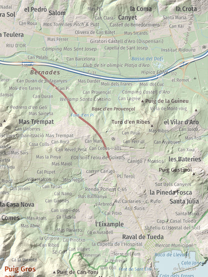 Mapa de relieve de Puig Gros, 325 m, Baix Empordà, lámina 100 Cims de Trobart. Detalle de la zona superior derecha. 30 × 40 cm.