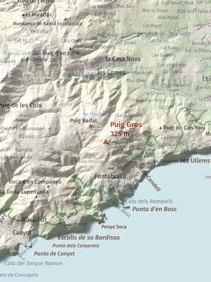 Mapa de relieve de Puig Gros, 325 m, Baix Empordà, lámina 100 Cims de Trobart. Detalle de la zona central. 30 × 40 cm.