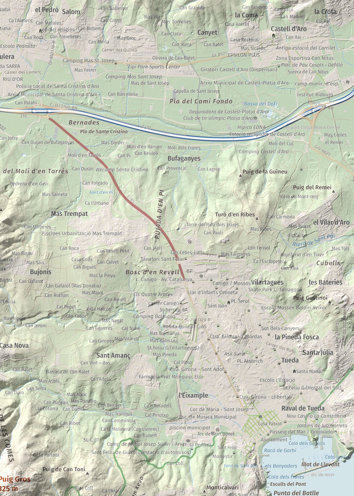 Mapa de relieve de Puig Gros, 325 m, Baix Empordà, lámina 100 Cims de Trobart. Detalle de la zona superior derecha. 50 × 70 cm.