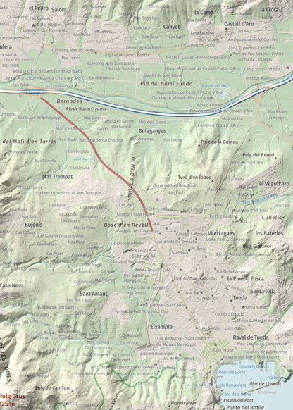 Mapa de relieve de Puig Gros, 325 m, Baix Empordà, lámina 100 Cims de Trobart. Detalle de la zona superior derecha. 50 × 70 cm.