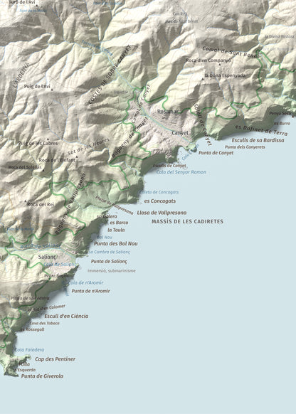 Mapa de relieve de Puig Gros, 325 m, Baix Empordà, lámina 100 Cims de Trobart. Detalle de la zona inferior izquierda. 50 × 70 cm.