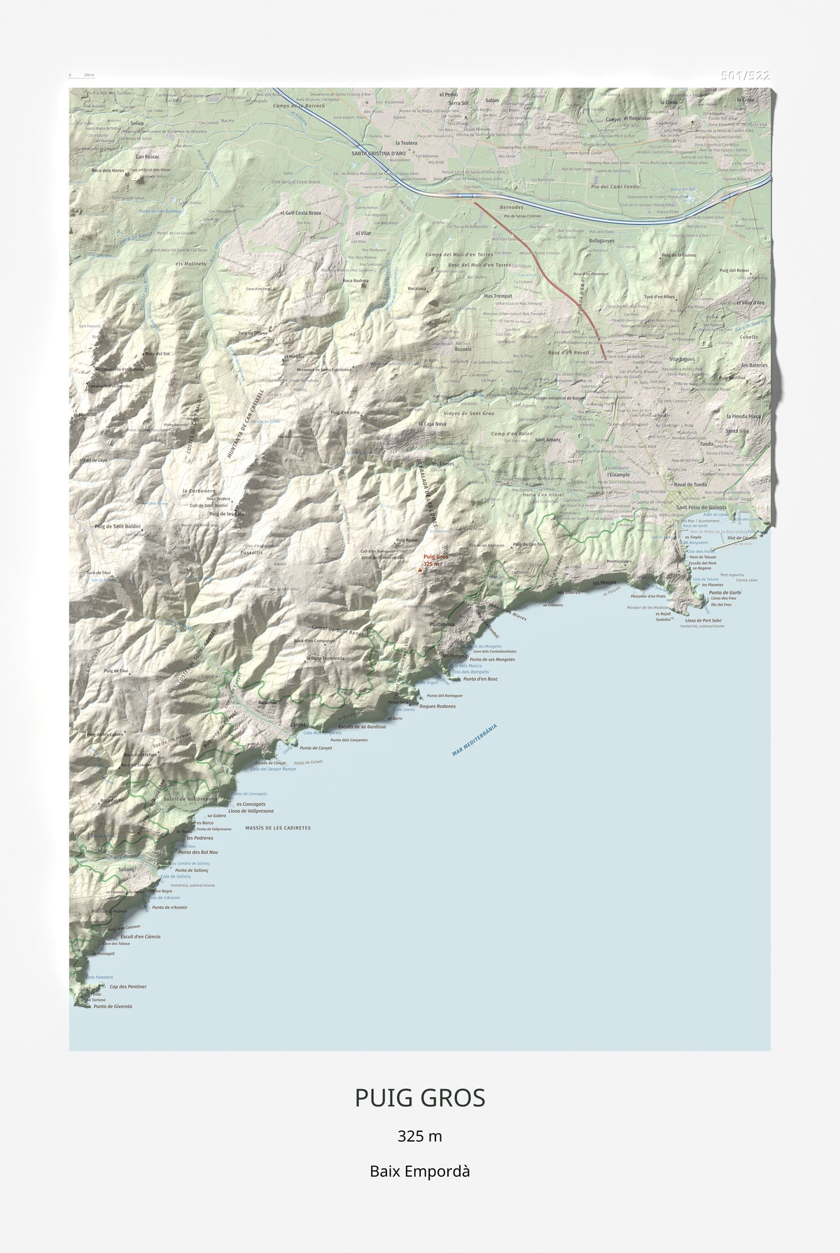 Mapa de relieve de Puig Gros, 325 m, Baix Empordà, lámina 100 Cims de Trobart 61 × 91 cm.