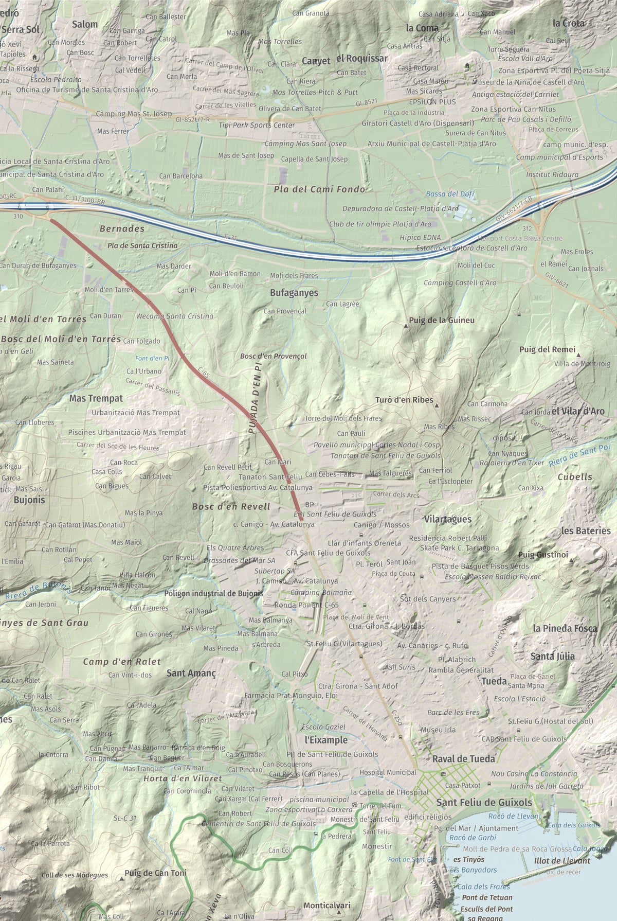 Mapa de relieve de Puig Gros, 325 m, Baix Empordà, lámina 100 Cims de Trobart. Detalle de la zona superior derecha. 61 × 91 cm.