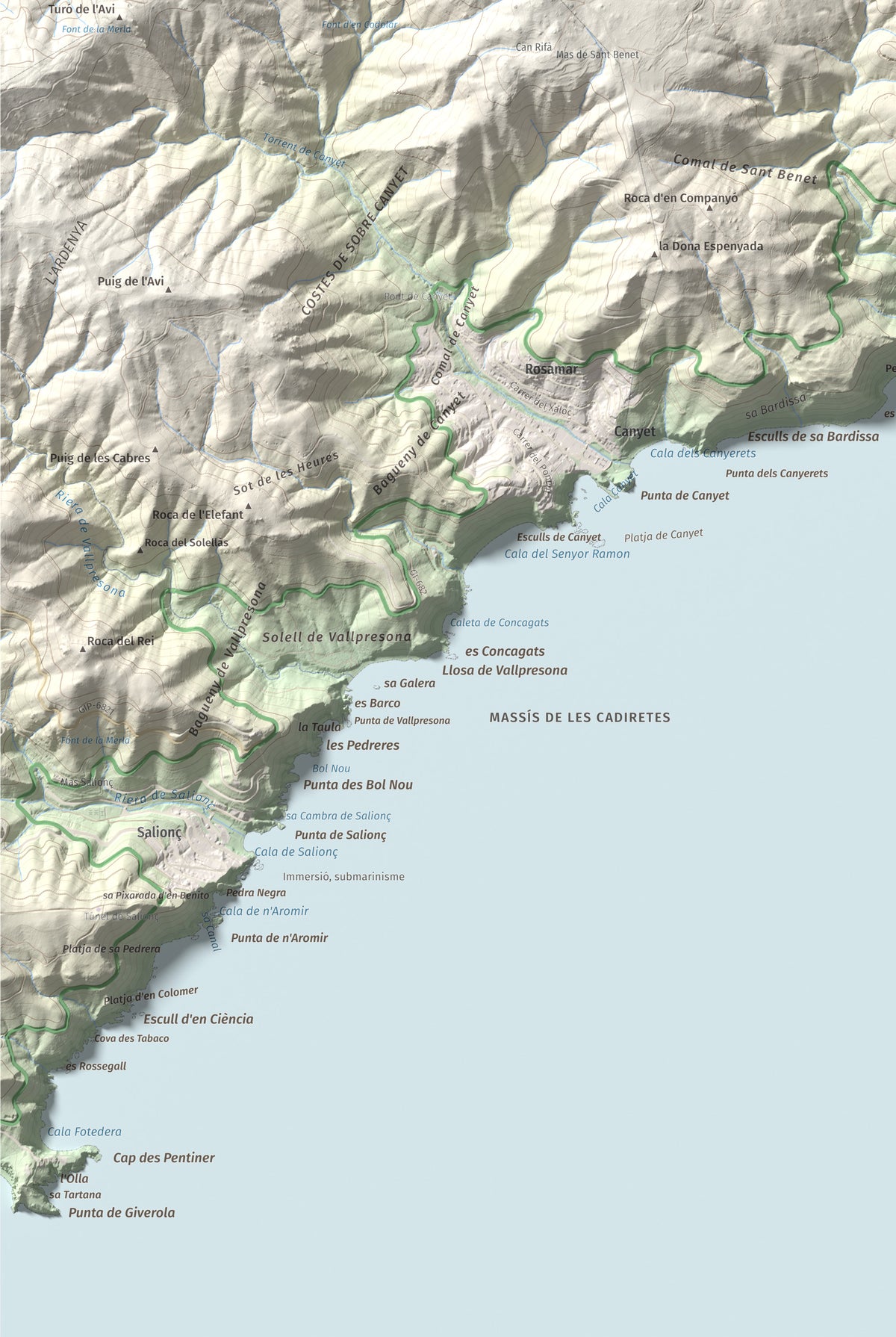 Mapa de relieve de Puig Gros, 325 m, Baix Empordà, lámina 100 Cims de Trobart. Detalle de la zona inferior izquierda. 61 × 91 cm.