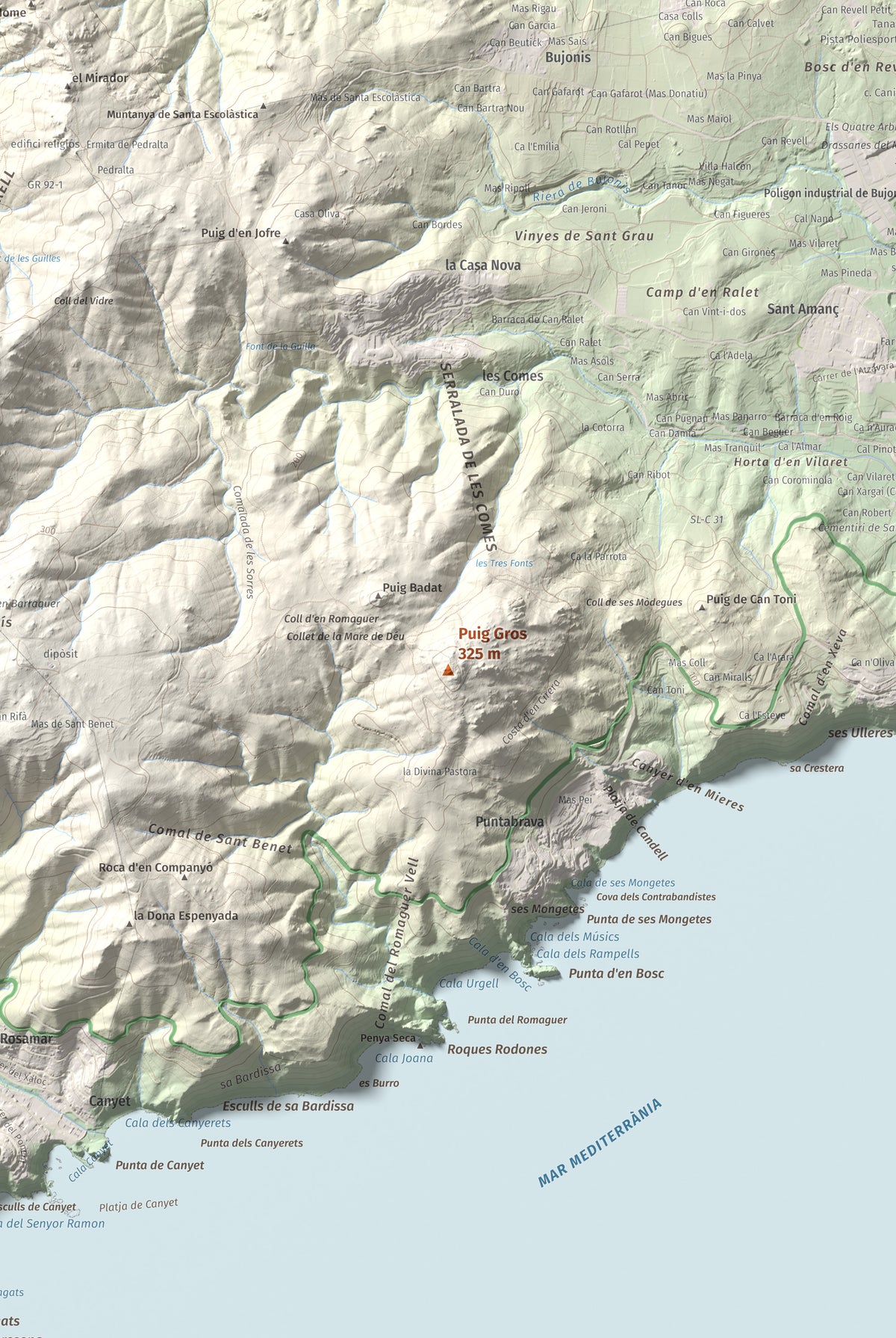 Mapa de relieve de Puig Gros, 325 m, Baix Empordà, lámina 100 Cims de Trobart. Detalle de la zona central. 61 × 91 cm.