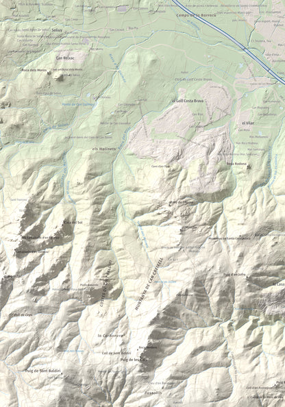 Mapa de relieve de Puig Gros, 325 m, Baix Empordà, lámina 100 Cims de Trobart. Detalle de la zona superior izquierda. 70 × 100 cm.
