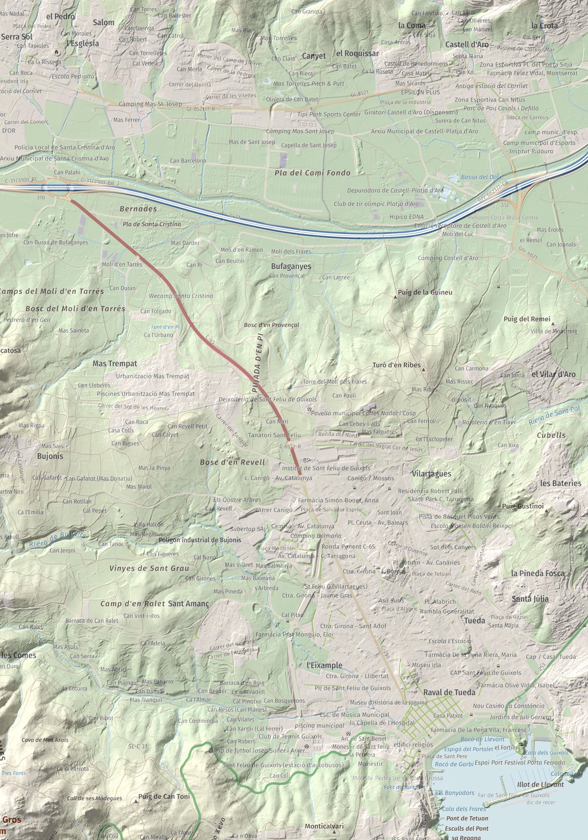 Mapa de relieve de Puig Gros, 325 m, Baix Empordà, lámina 100 Cims de Trobart. Detalle de la zona superior derecha. 70 × 100 cm.