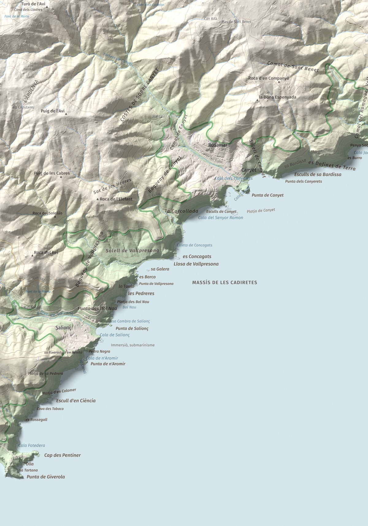 Mapa de relieve de Puig Gros, 325 m, Baix Empordà, lámina 100 Cims de Trobart. Detalle de la zona inferior izquierda. 70 × 100 cm.