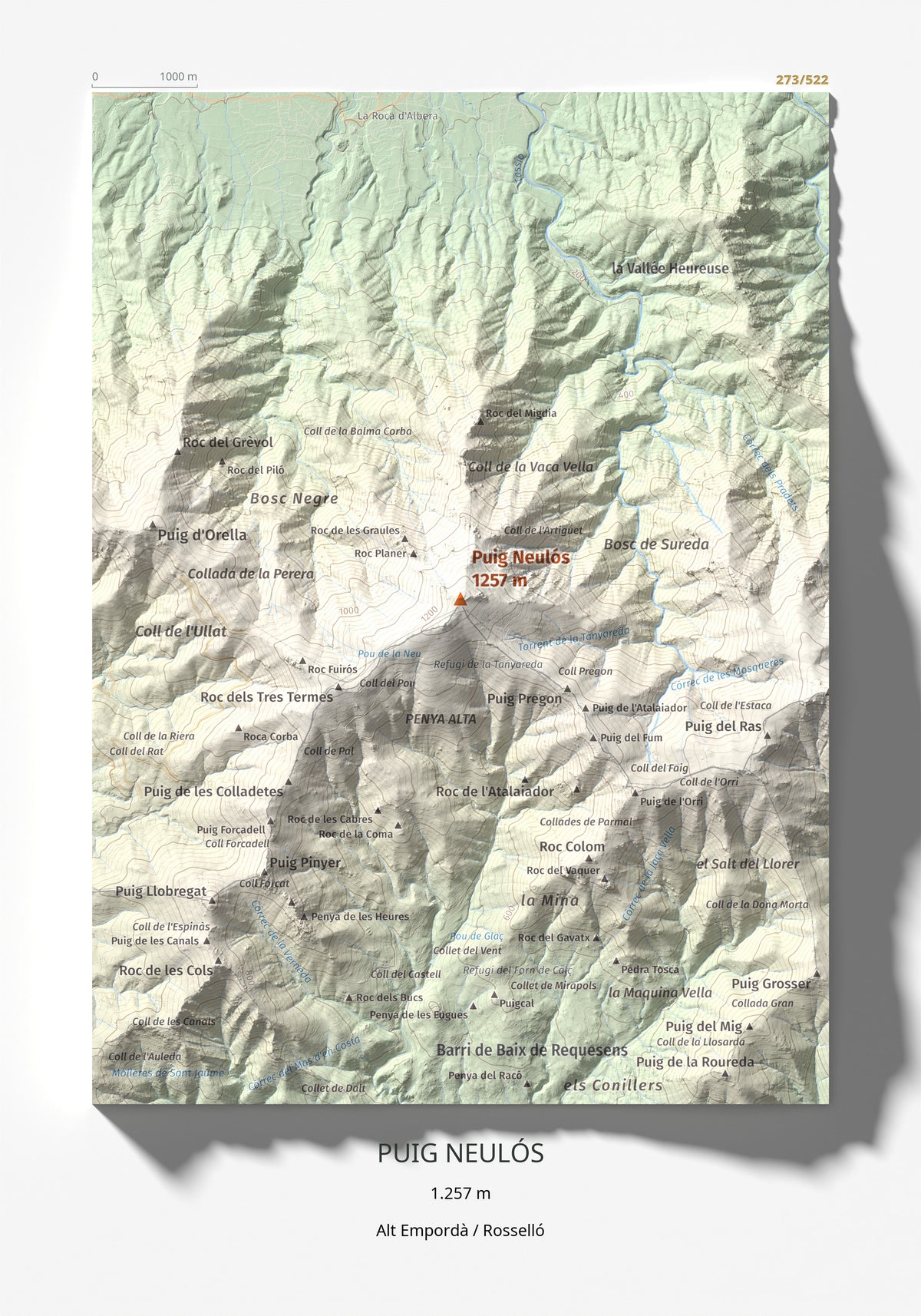 Mapa de relieve de Puig Neulós, 1257 m, Alt Empordà · Rosselló, lámina 100 Cims de Trobart 21 × 30 cm.