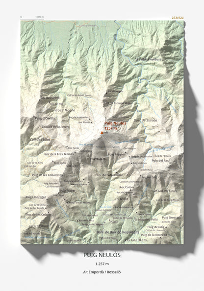 Mapa de relieve de Puig Neulós, 1257 m, Alt Empordà · Rosselló, lámina 100 Cims de Trobart 21 × 30 cm.
