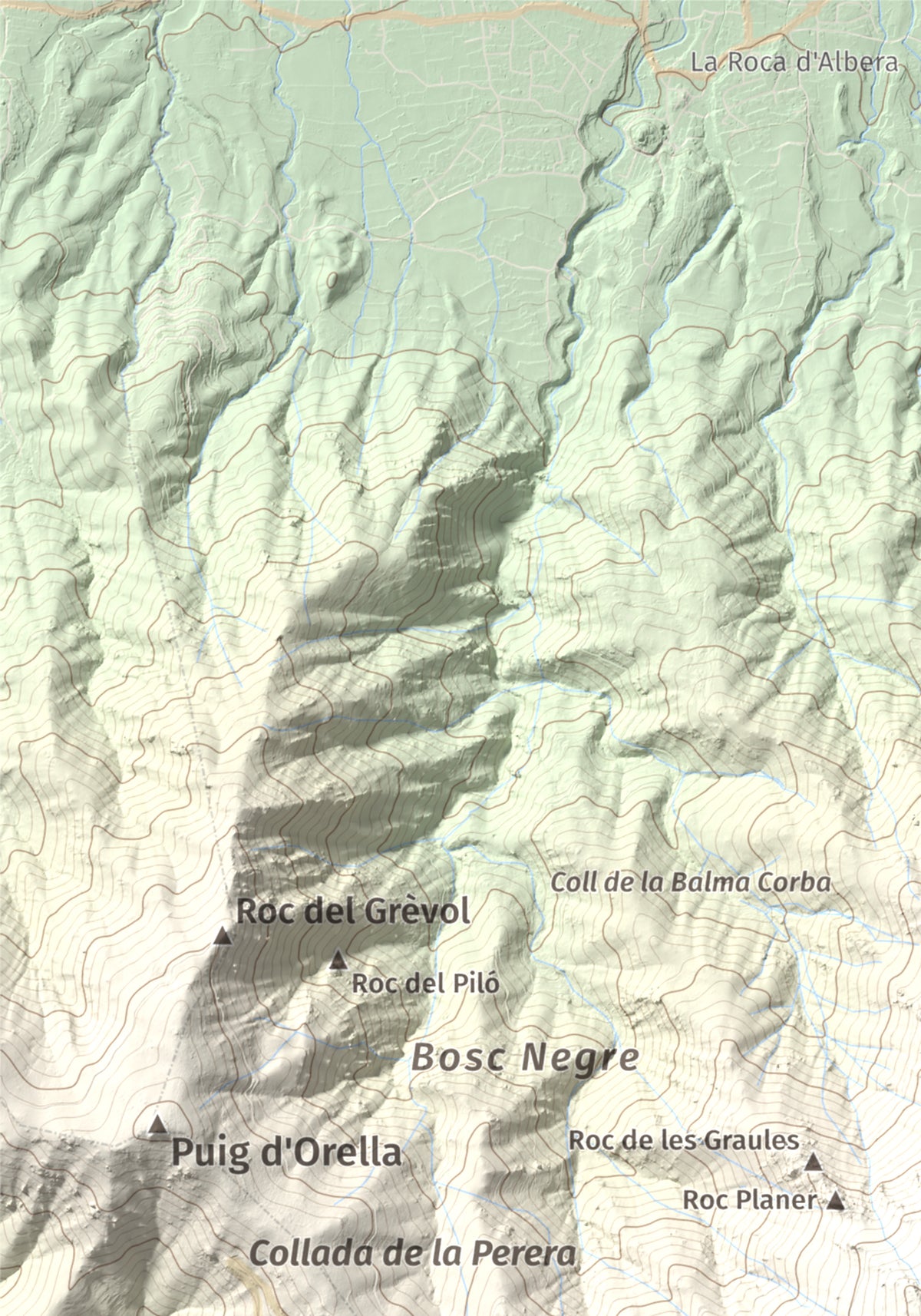 Mapa de relieve de Puig Neulós, 1257 m, Alt Empordà · Rosselló, lámina 100 Cims de Trobart. Detalle de la zona superior izquierda. 21 × 30 cm.